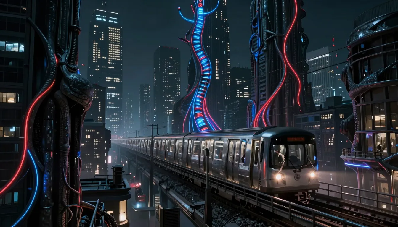 A dark, surreal urban landscape where skyscrapers have organ...