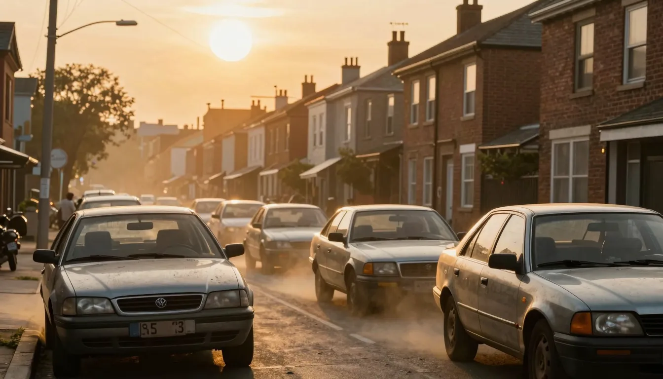 Cinematic shot of a city street where cars look physically e...