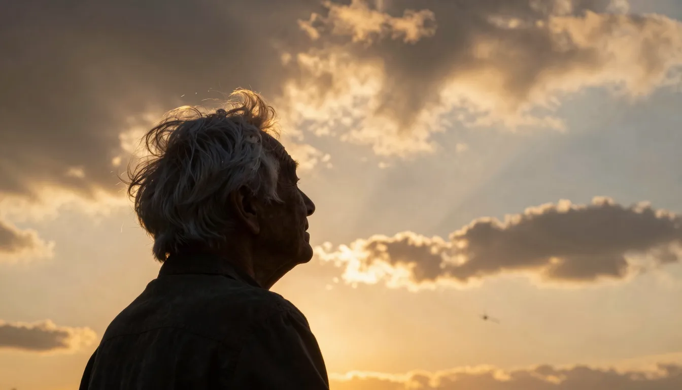 A poetic and emotional scene of an elderly person's silhouet...
