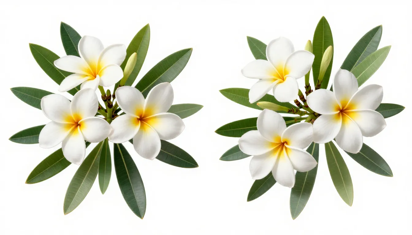 Botanical comparison of Frangipani and Oleander flowers, sid...