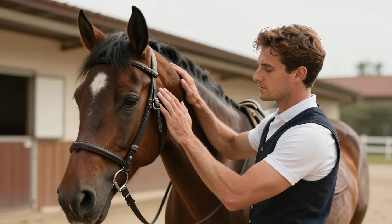 A strong, confident man in riding gear, gently patting a hor...