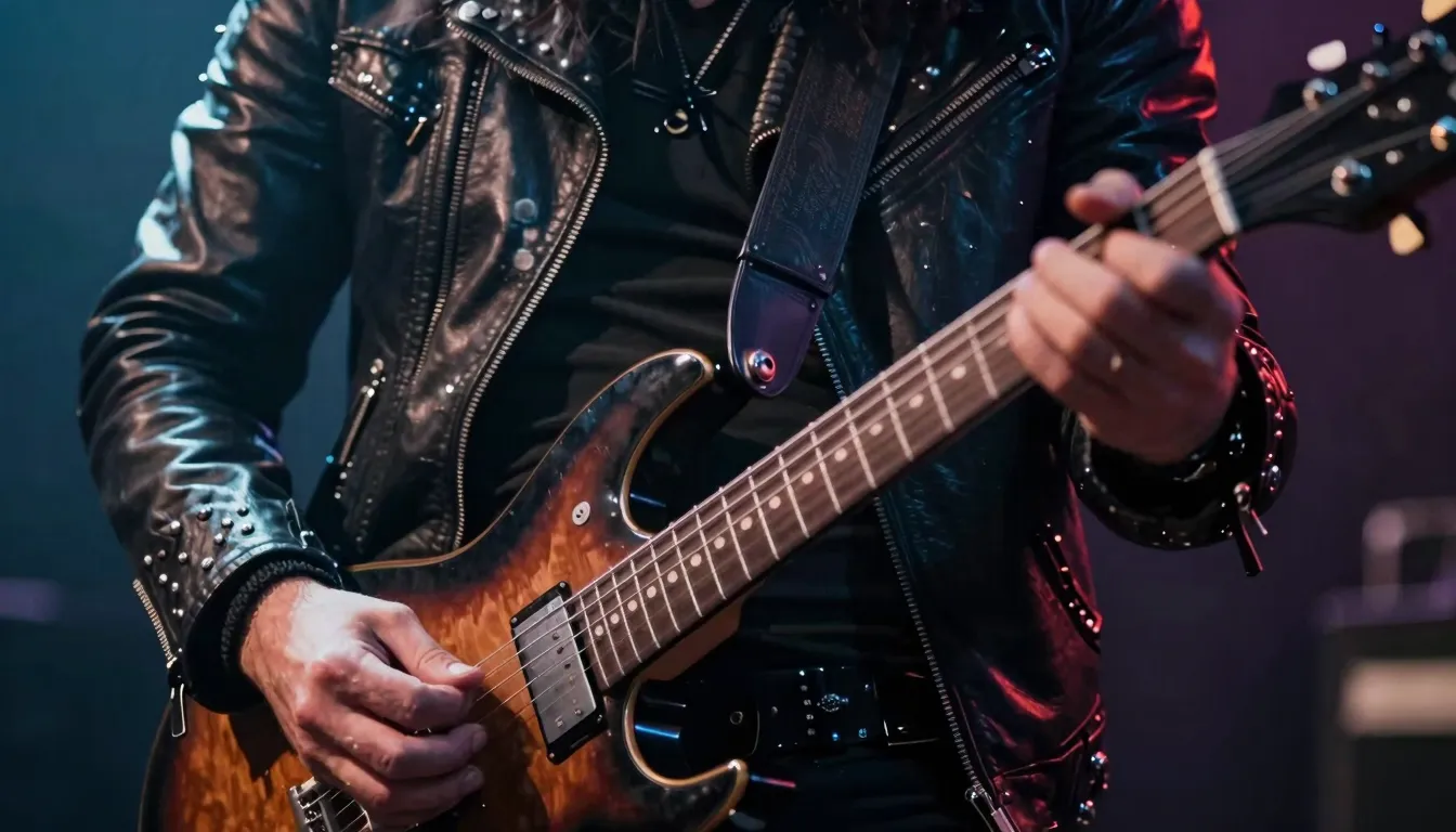 Close-up of an electric guitar player's hands, fast motion b...
