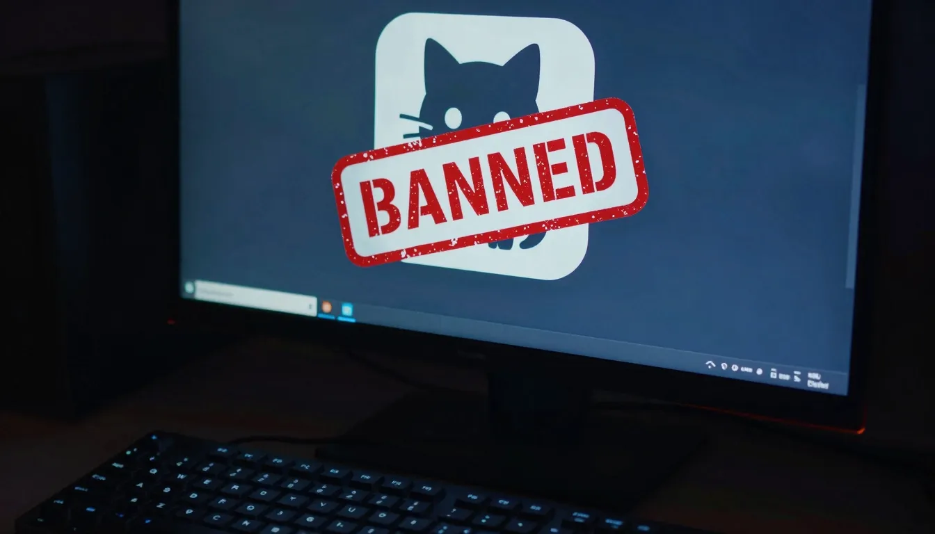 A close-up of a computer monitor with a 'BANNED' stamp over ...