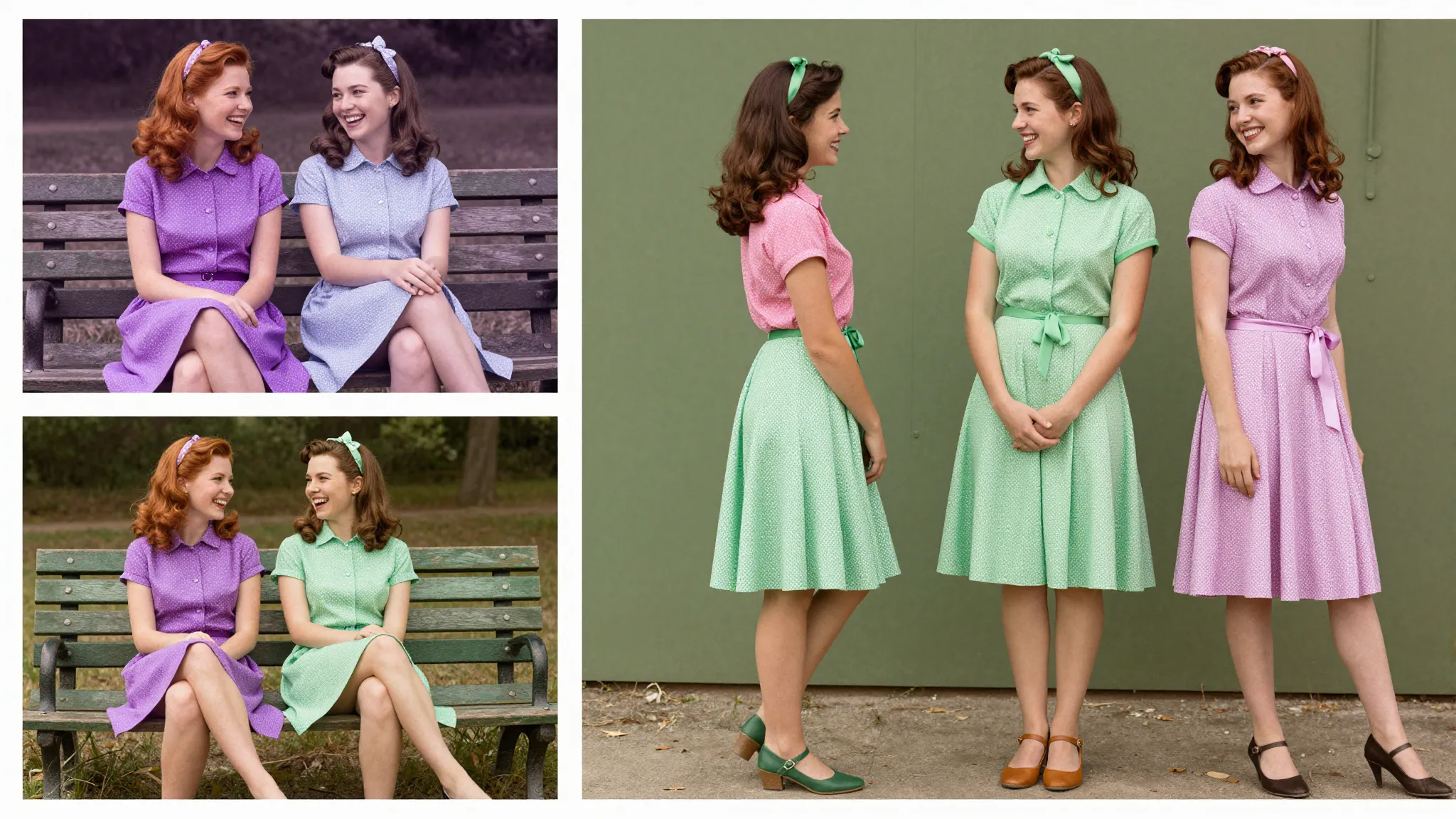 A collage of four photos showing two sisters. One redhead in...