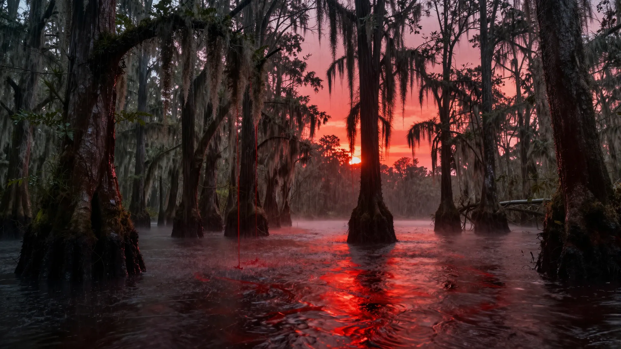 Hyper-realistic view of a Louisiana swamp during a deep red ...