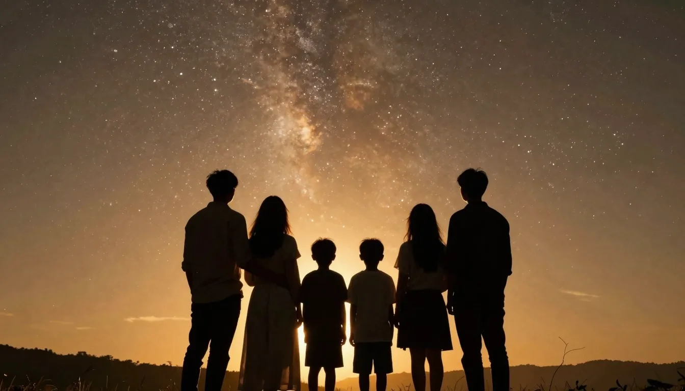 Warm and cozy atmosphere showing silhouettes of people stand...
