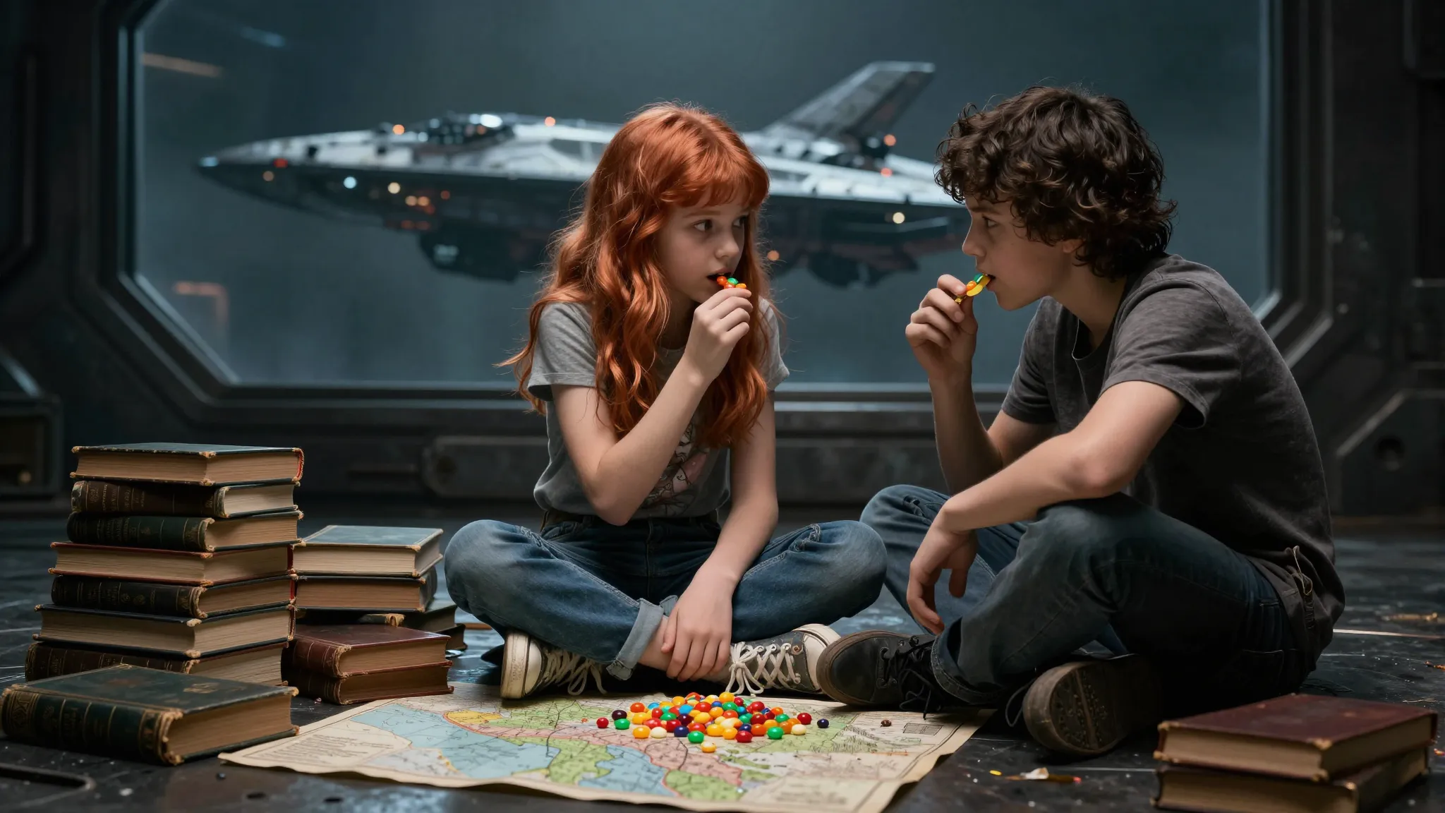 Cinematic shot of a young girl with copper hair and a boy si...