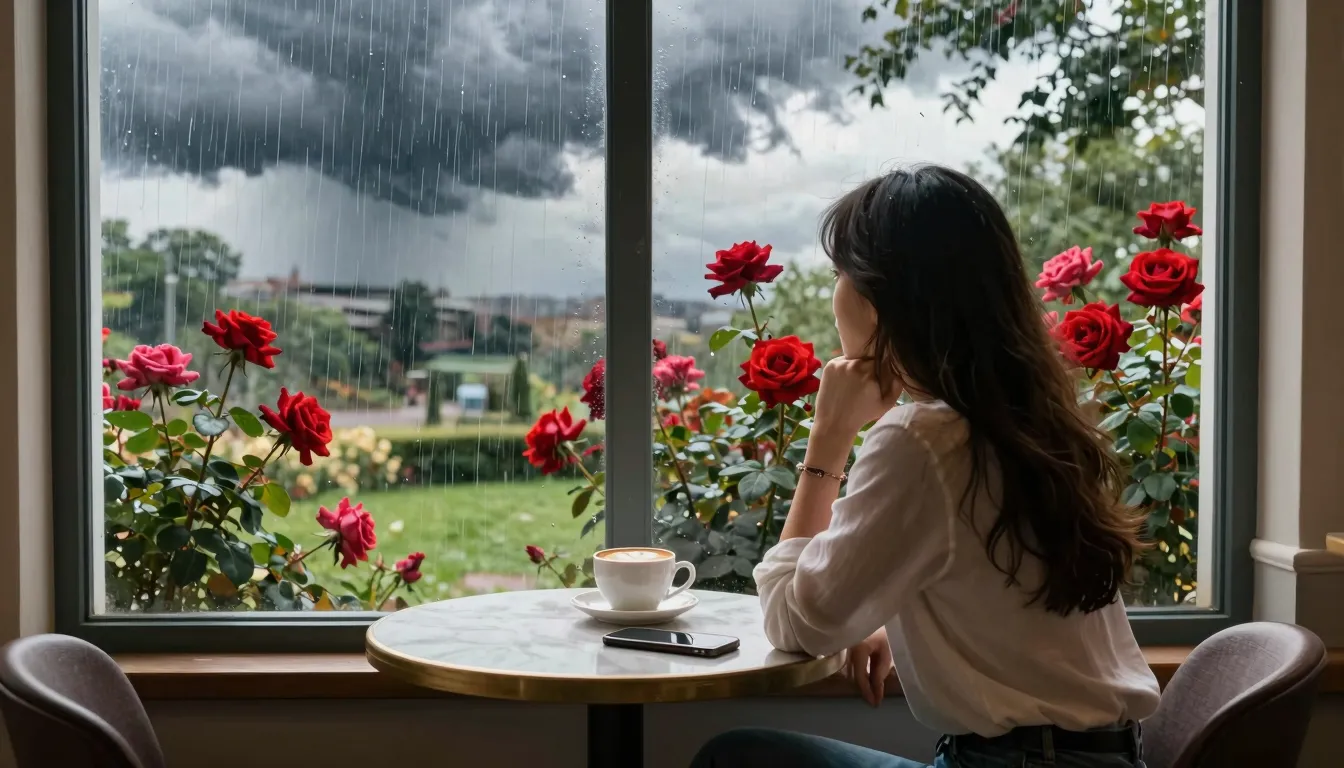 A woman sitting at a cafe table by a large window. On the ta...