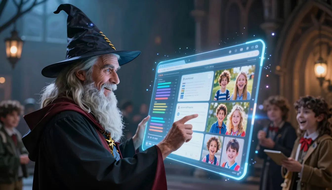 A friendly wizard looking at a glowing holographic social me...