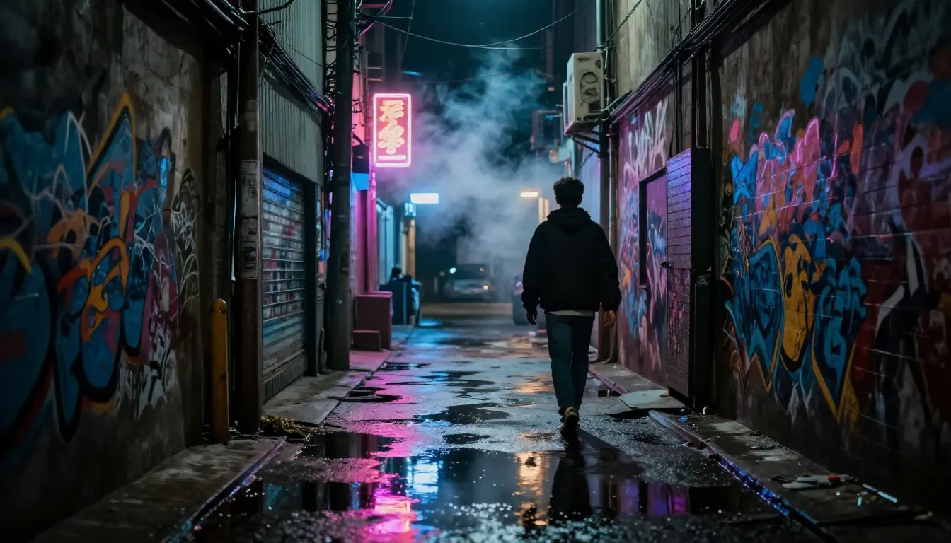 Cinematic shot of a gritty urban alleyway at night, neon ref...