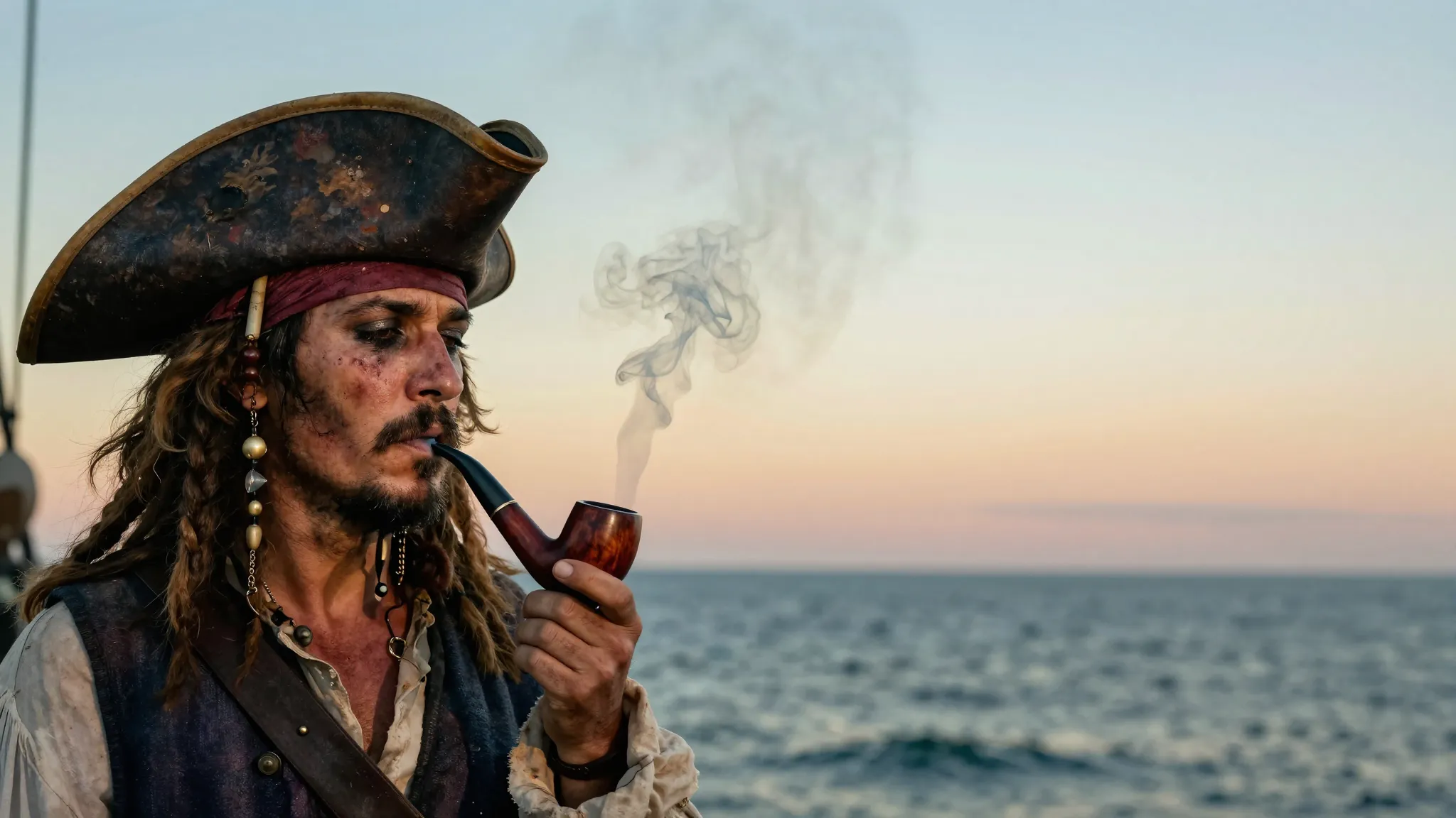 A weathered old pirate with a scarred face and a tricorn hat...
