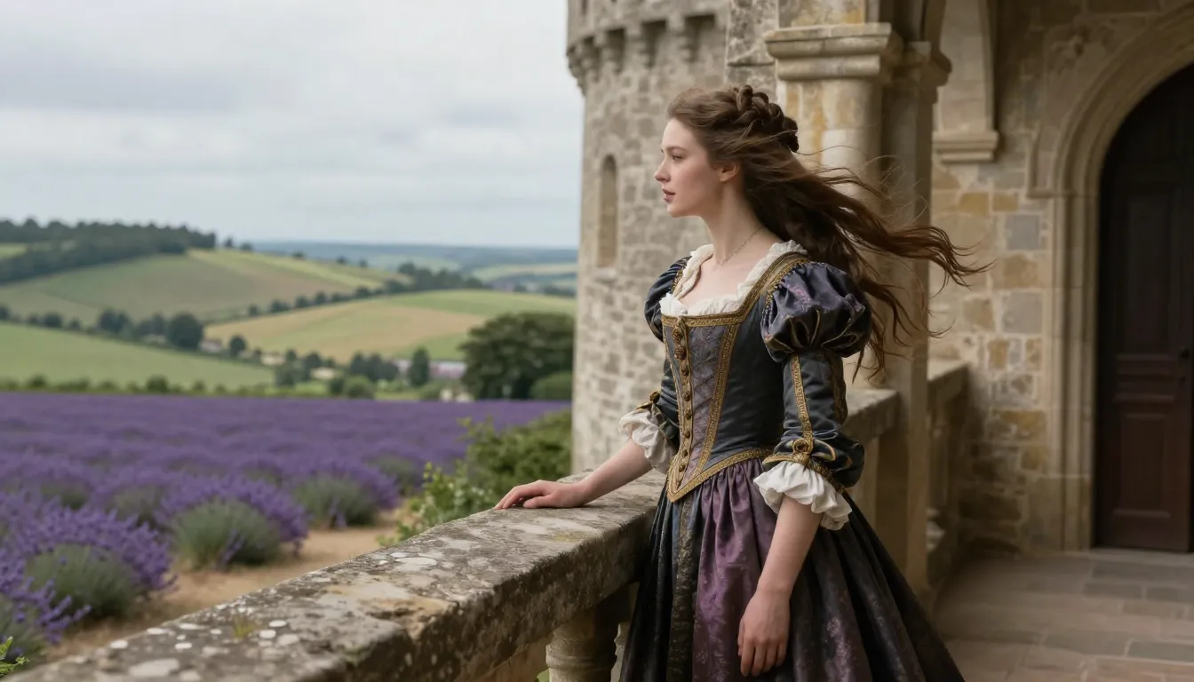 A spirited young noblewoman with flowing hair standing on th...