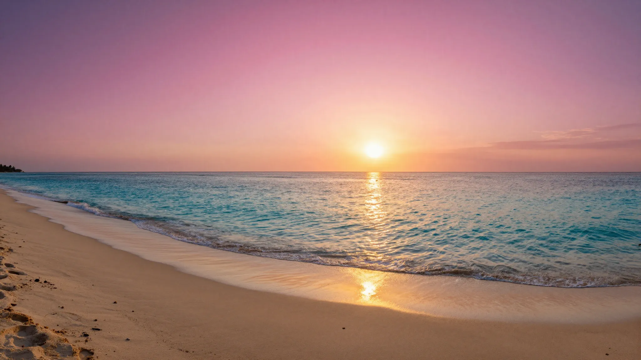 A breathtaking view of a sandy shore at dusk, deep pink and ...