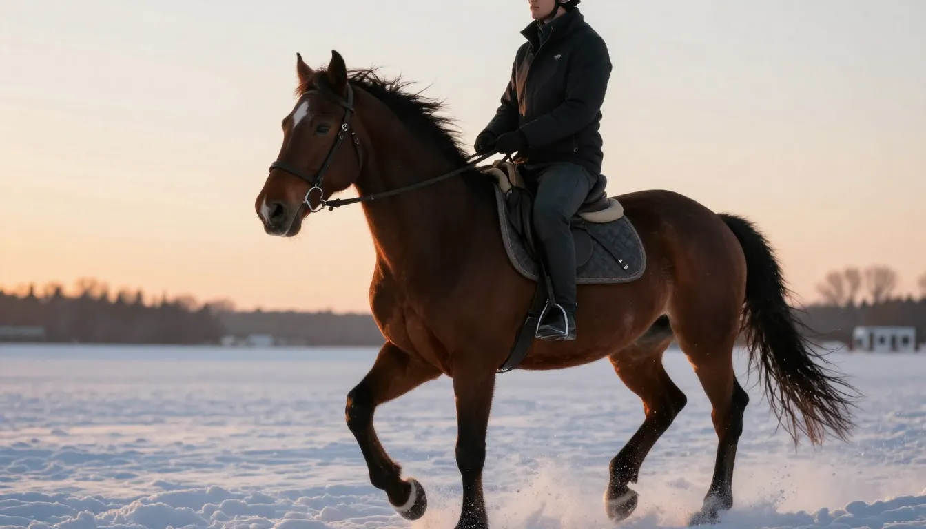 A powerful horse and a rider in a snowy field, sunset light,...