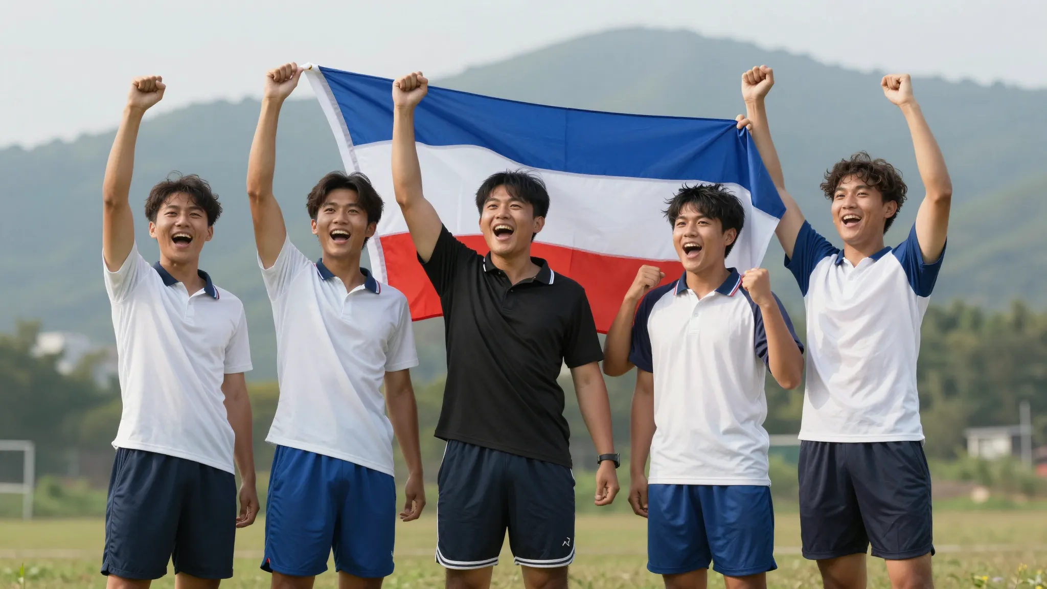 A group of young energetic athletes in sports uniforms celeb...