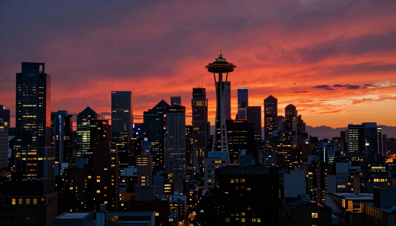 Cyberpunk Seattle skyline at dusk, intense crimson and orang...