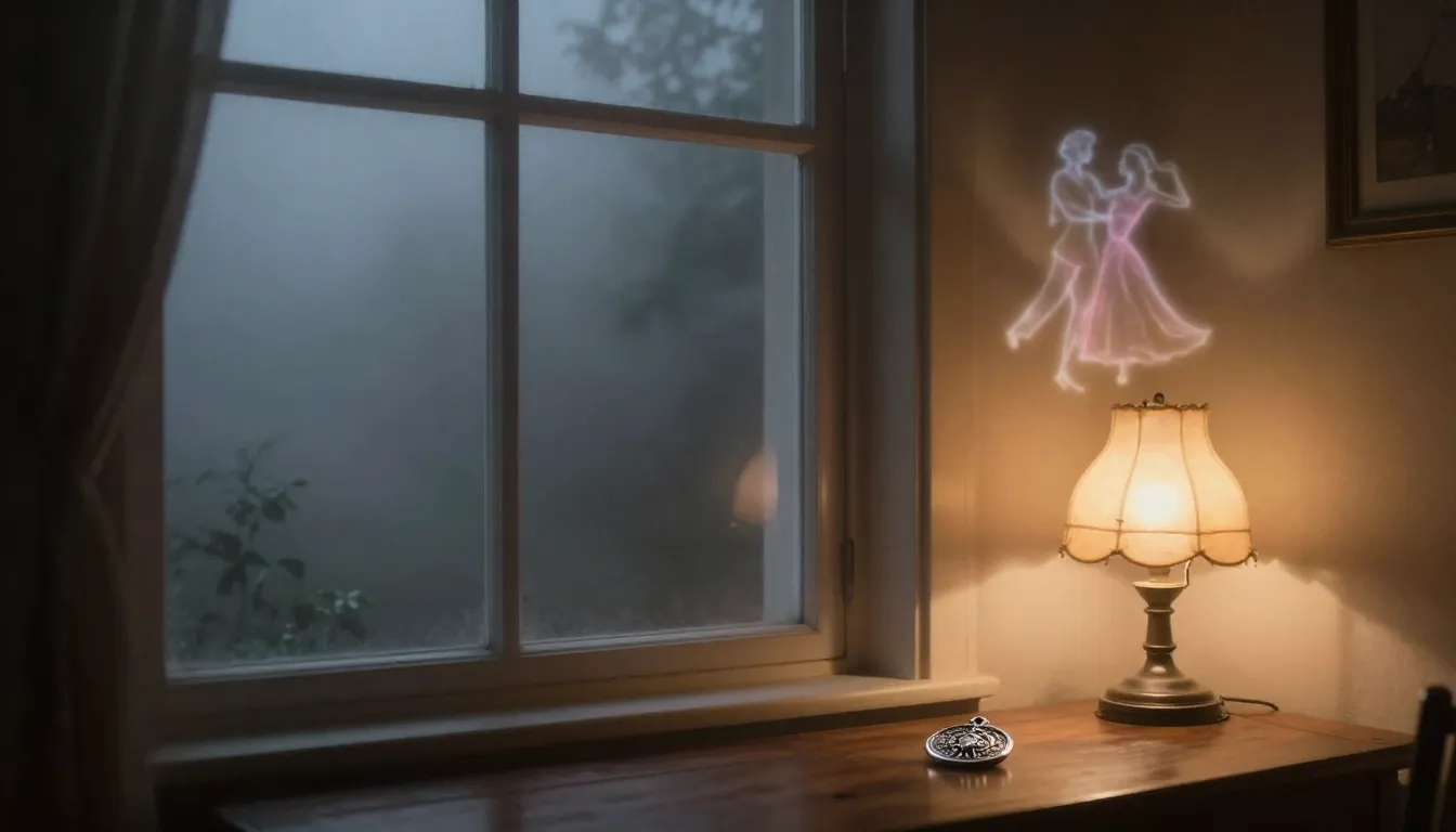 A cozy room at night with a large window. Outside, a thick g...