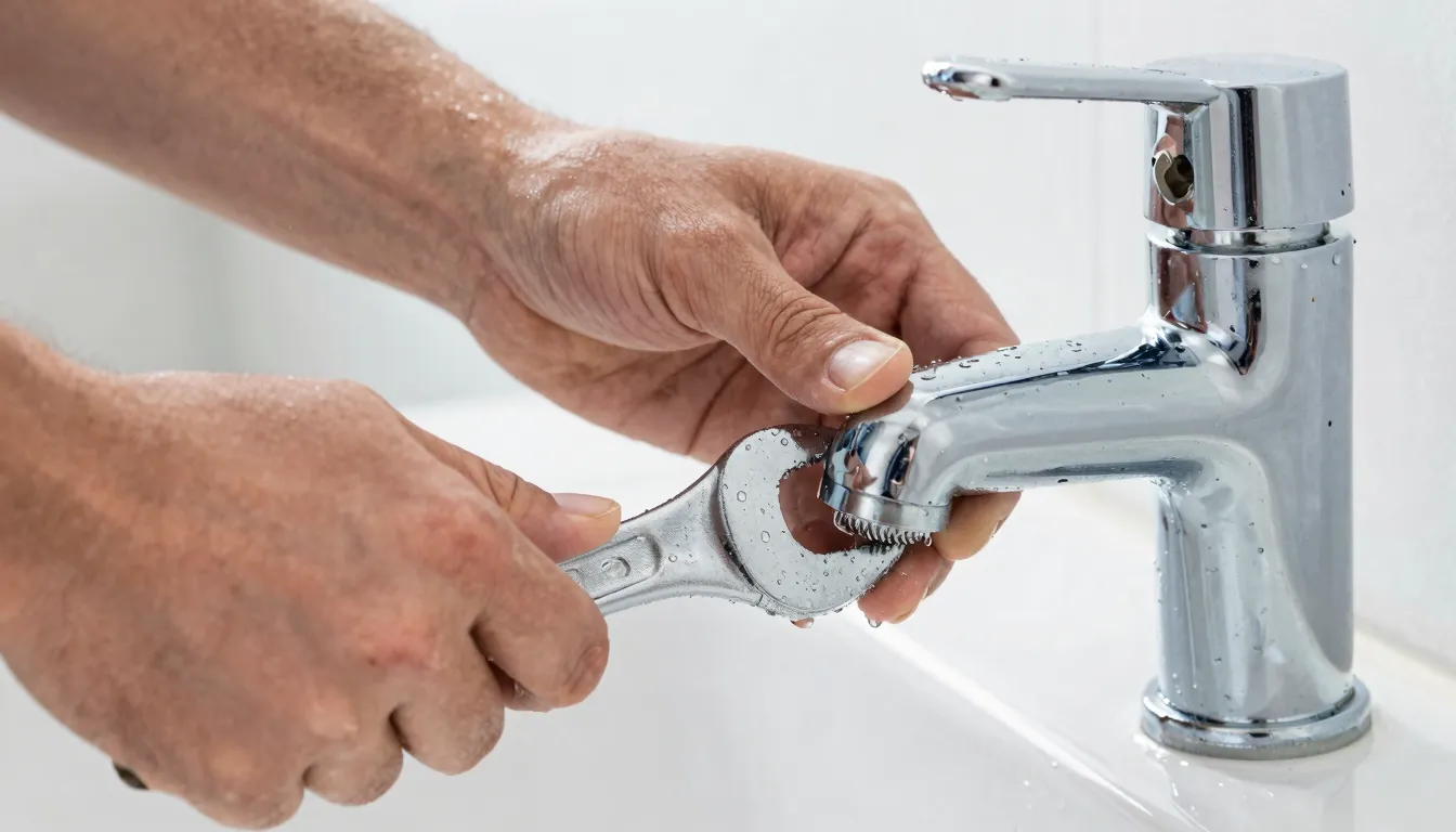 Close-up of a professional plumber's hands fixing a chrome f...