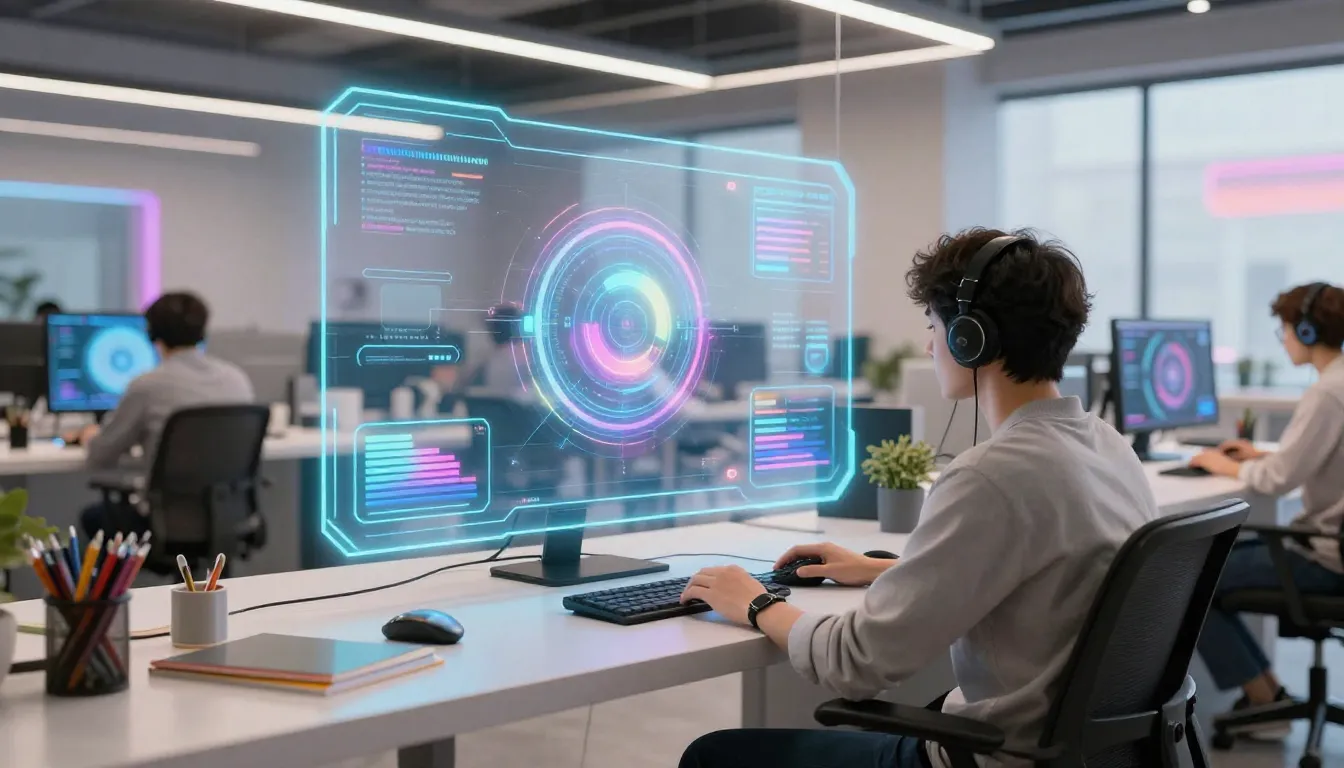Modern creative workspace with futuristic AI holographic int...