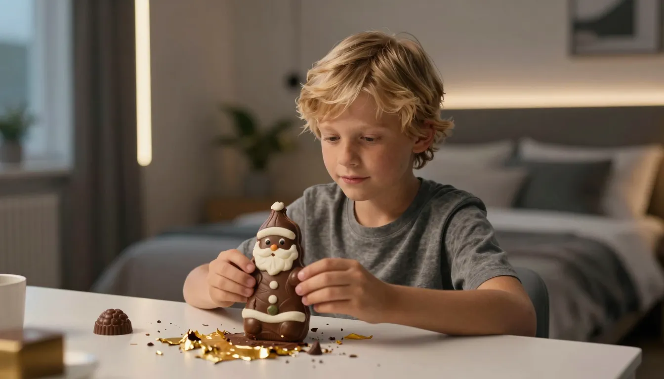 A 12-year-old boy with golden hair sitting in a modern cozy ...