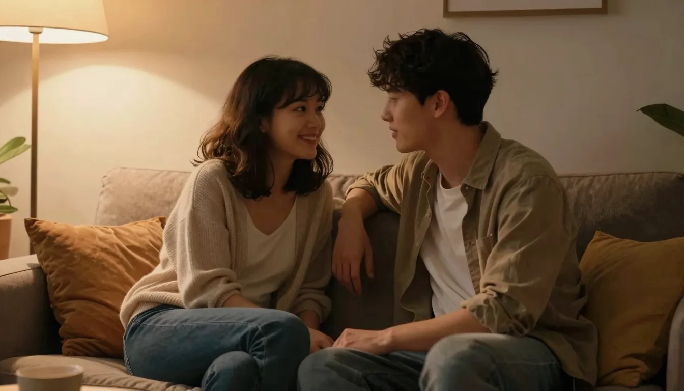 A cozy atmosphere with two people sitting on a sofa talking ...