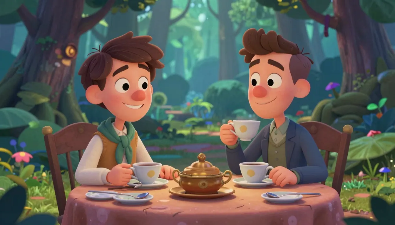 A funny friendly caricature of two men having a tea party in...