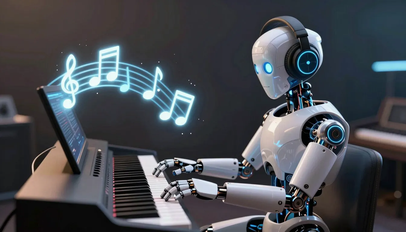 A futuristic robot composer wearing headphones, playing a di...