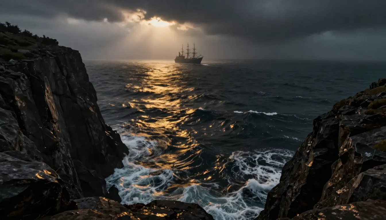 Looking down from a rocky cliff into a stormy abyss. The wat...