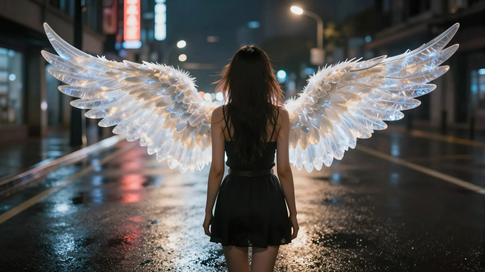A cinematic rear view of a woman standing on a wet night str...