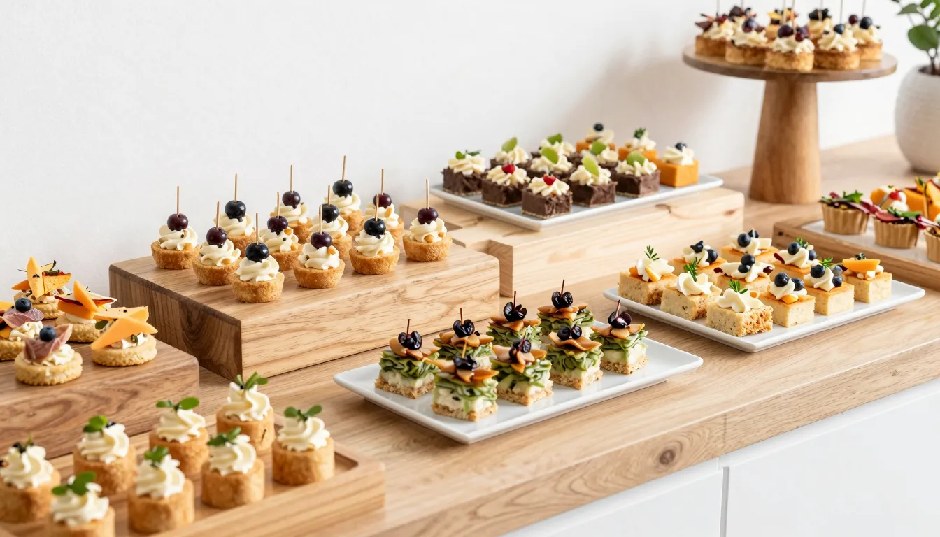 Professional catering presentation, variety of gourmet snack...