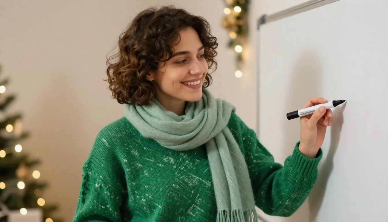 A person with a warm, inviting smile, wearing a festive emer...