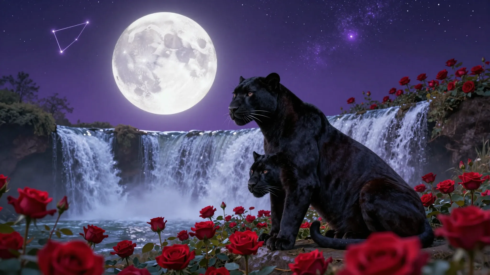A cinematic and mystical scene of two black panthers, a male...