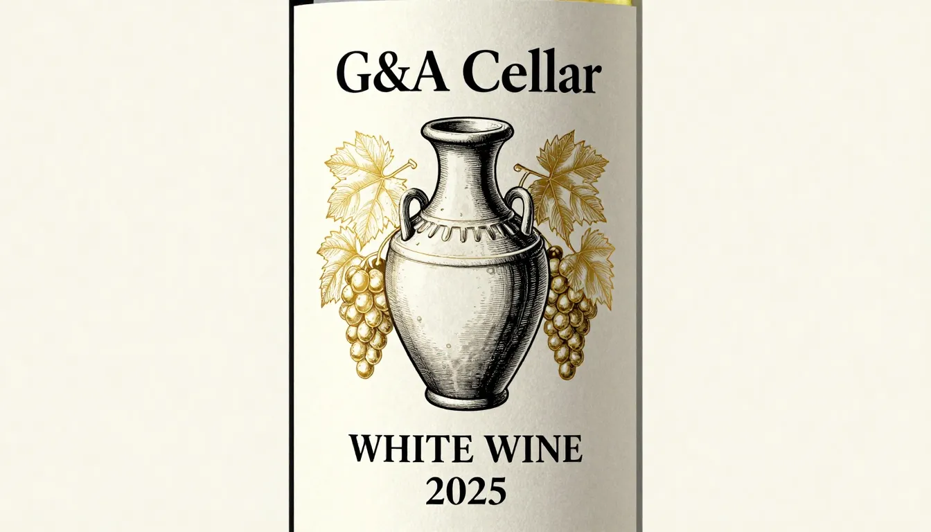 A high-resolution, flat graphic design of a wine label. Rect...