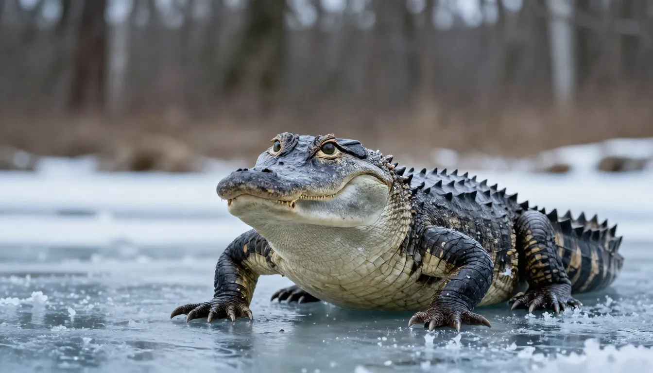 A humorous cinematic shot of a confused Mississippi alligato...