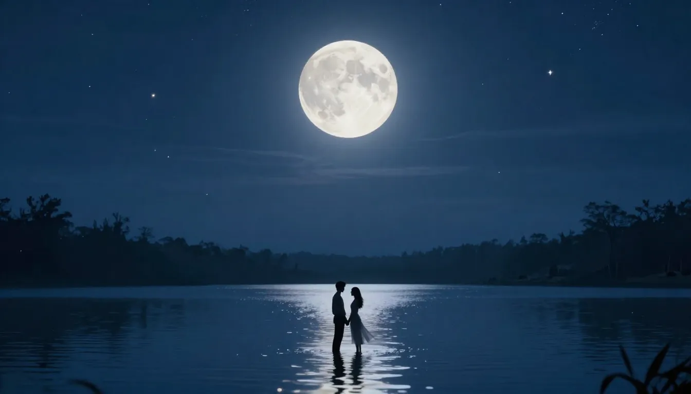 A dreamy night scene with a bright full moon reflecting in a...