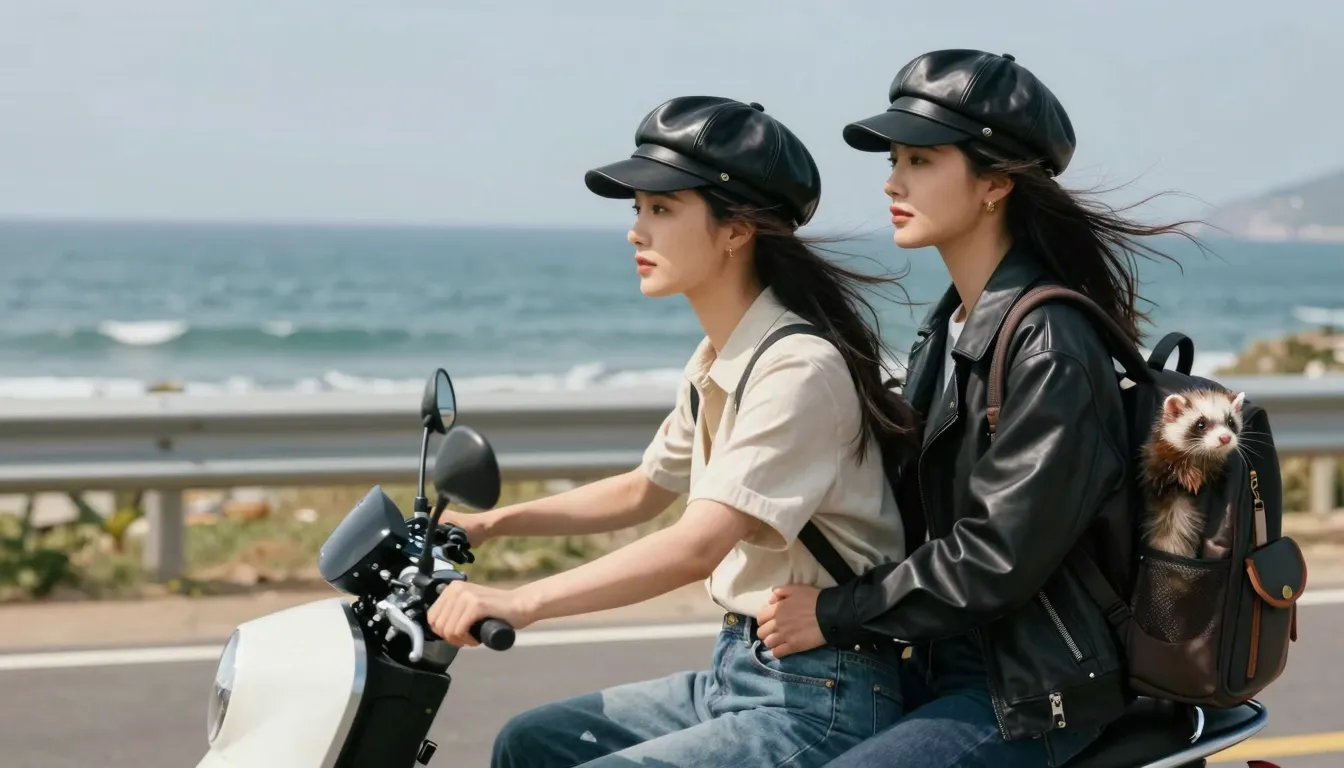 Side view of two stylish Chinese women riding a modern motor...