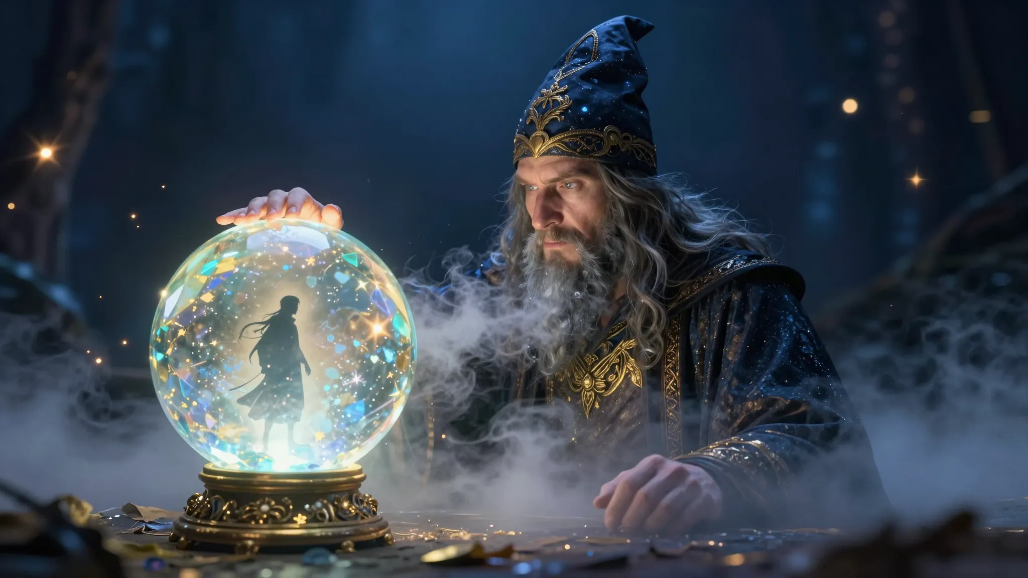 A wizard with a glowing crystal ball showing a silhouette of...