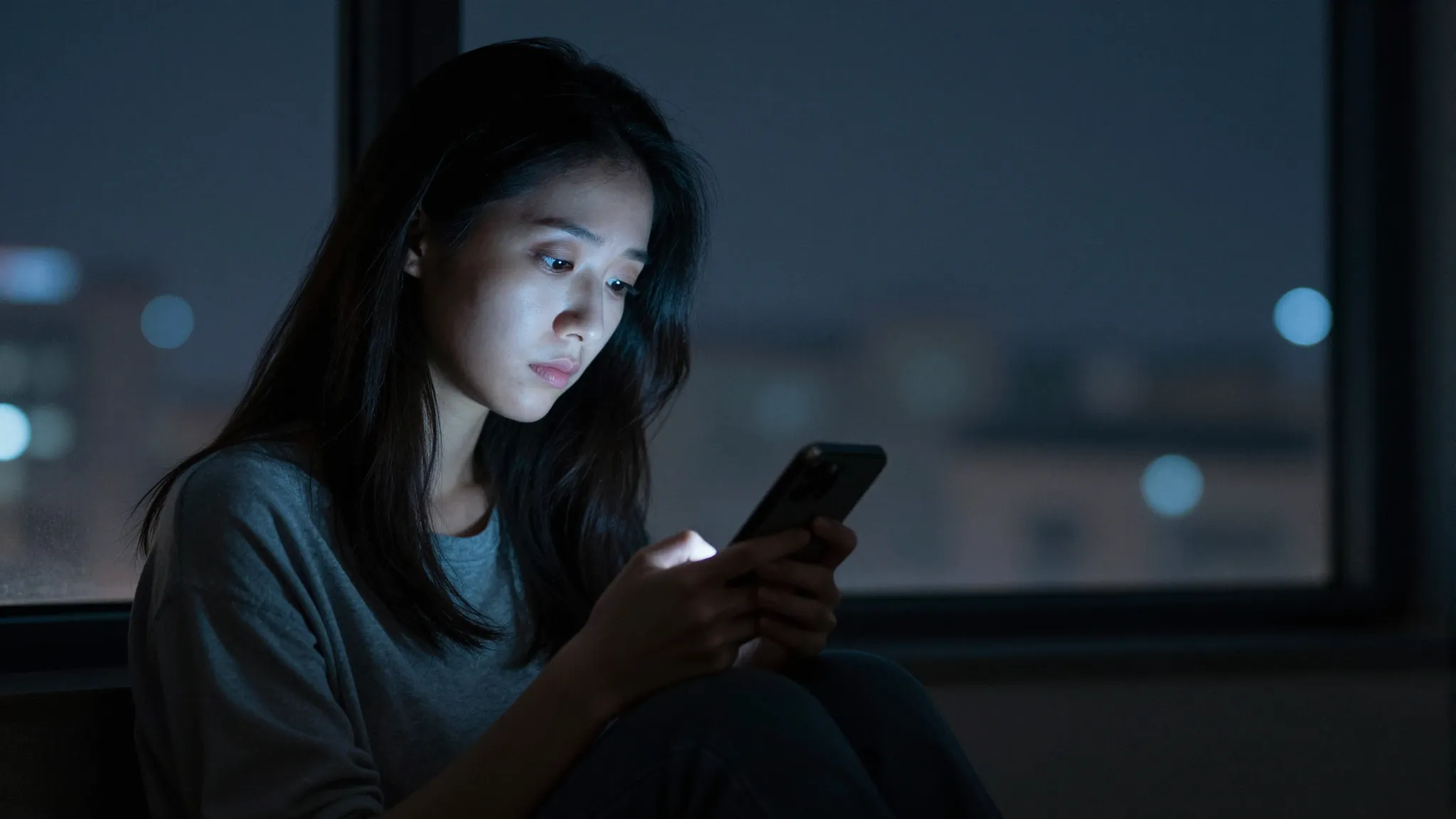 A lonely woman sitting in a dark room, the soft blue light f...