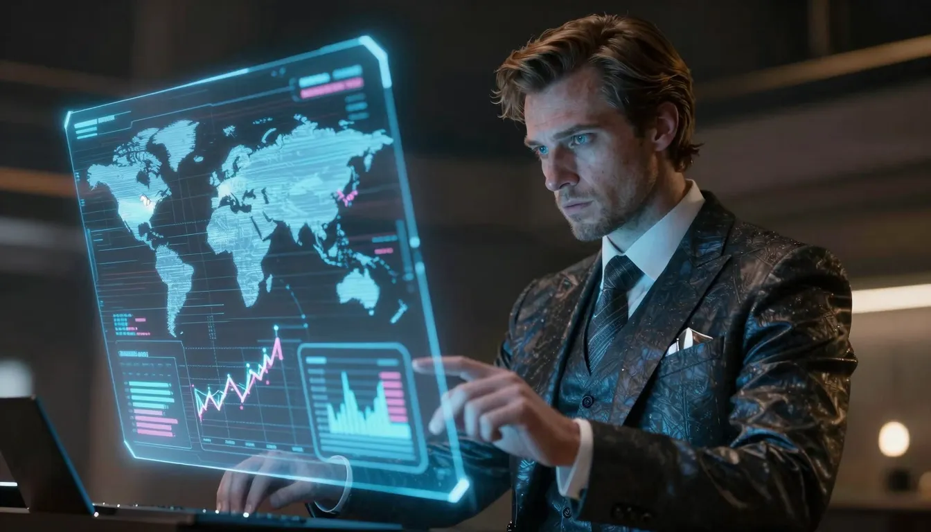 A futuristic wizard in a sleek suit looking at a holographic...
