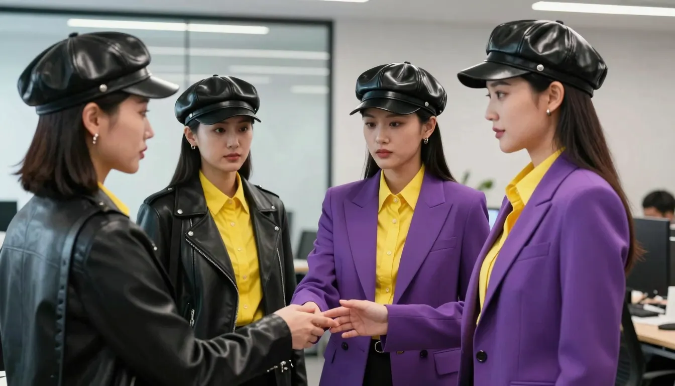 Two Chinese women in a modern office wearing bright purple b...
