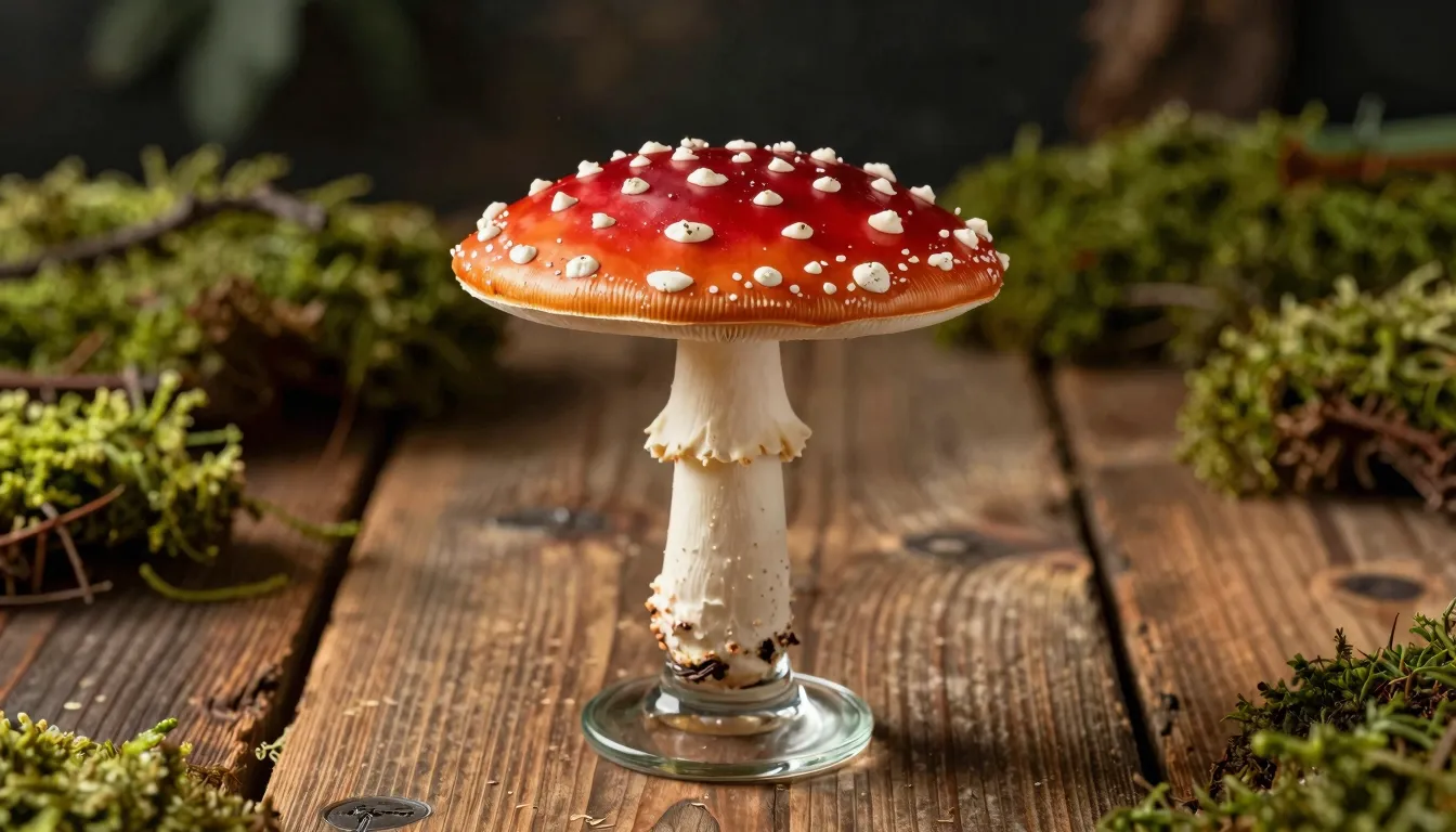 A creative cocktail looking like a red fly agaric mushroom w...