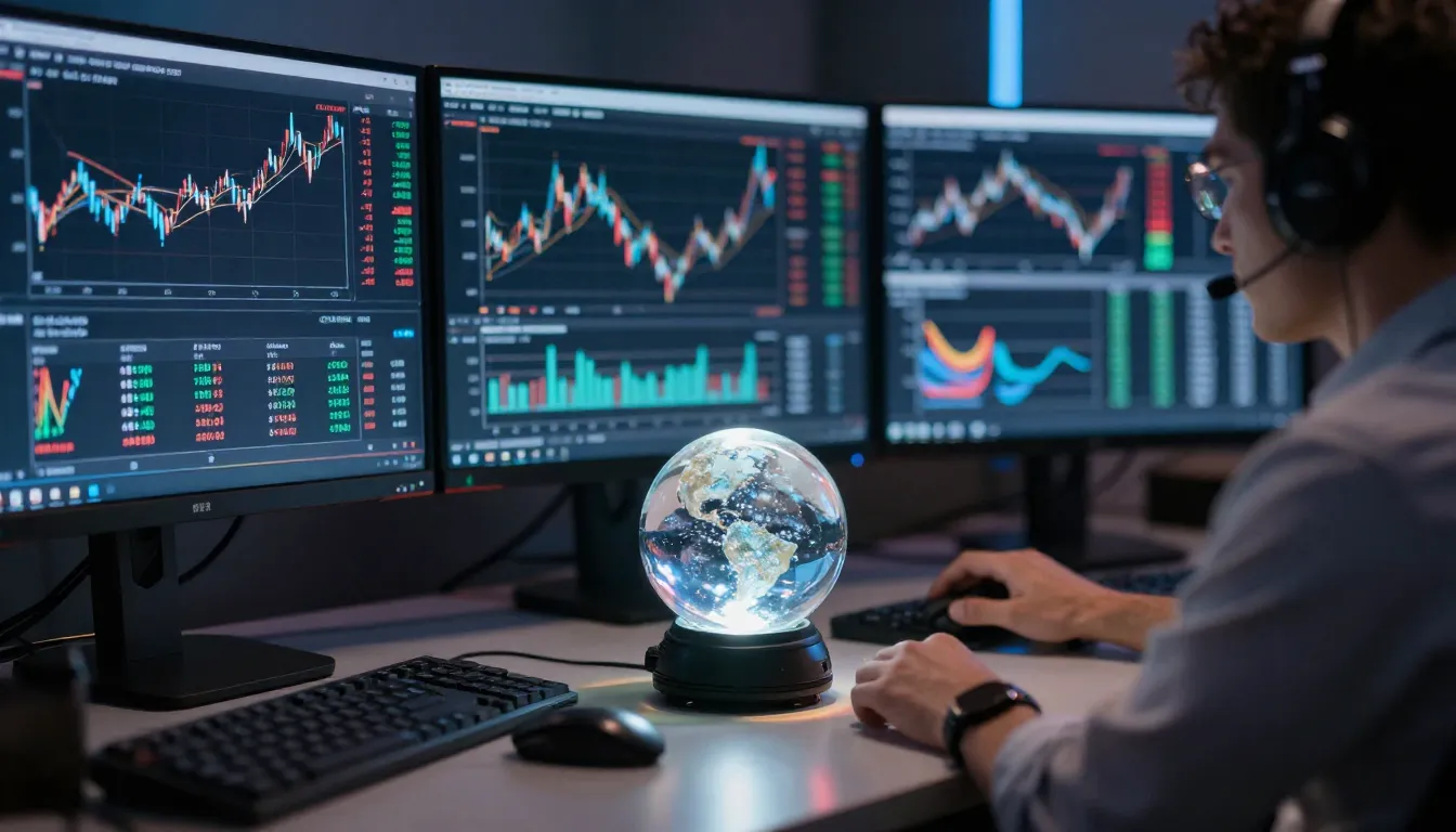 A professional trader's workspace with multiple monitors dis...