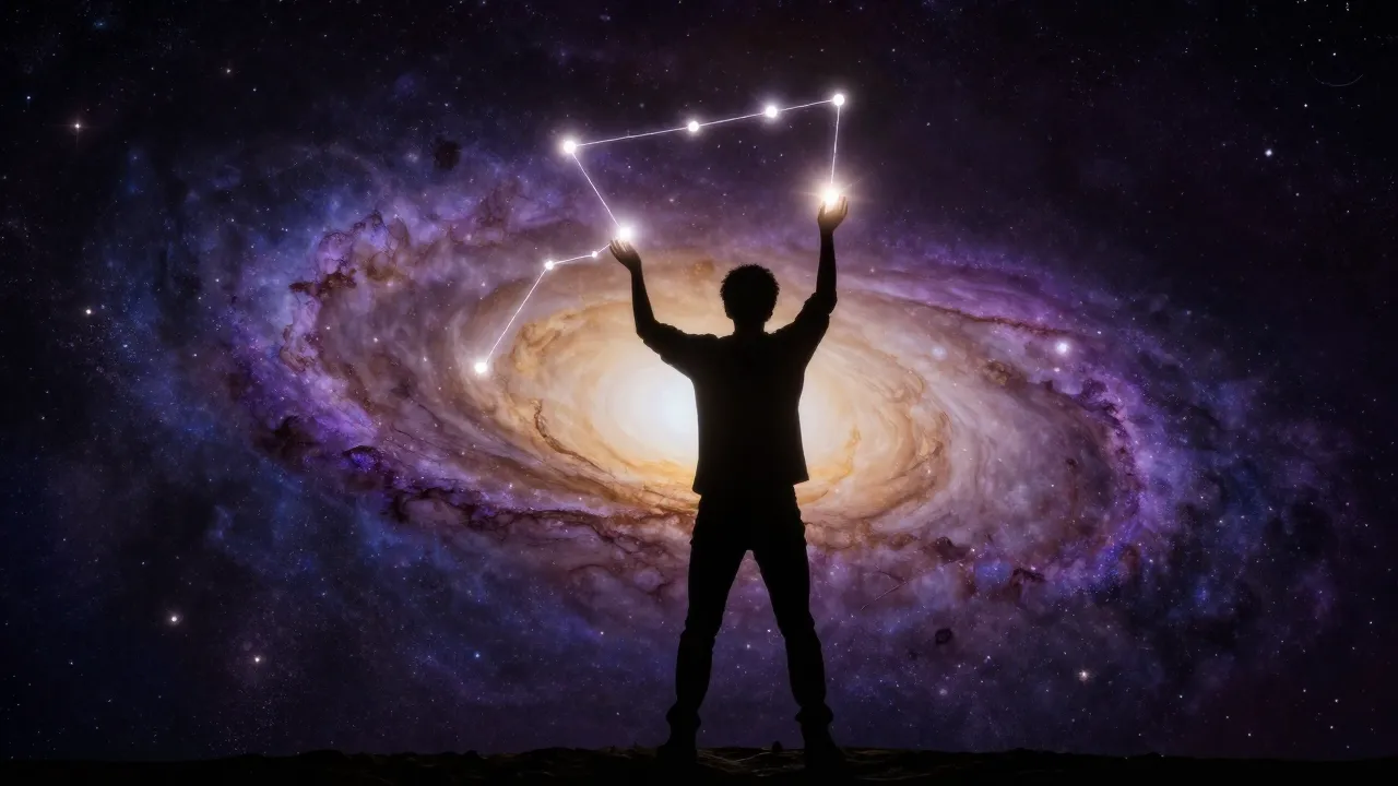 A person standing at the edge of a galaxy, their silhouette ...