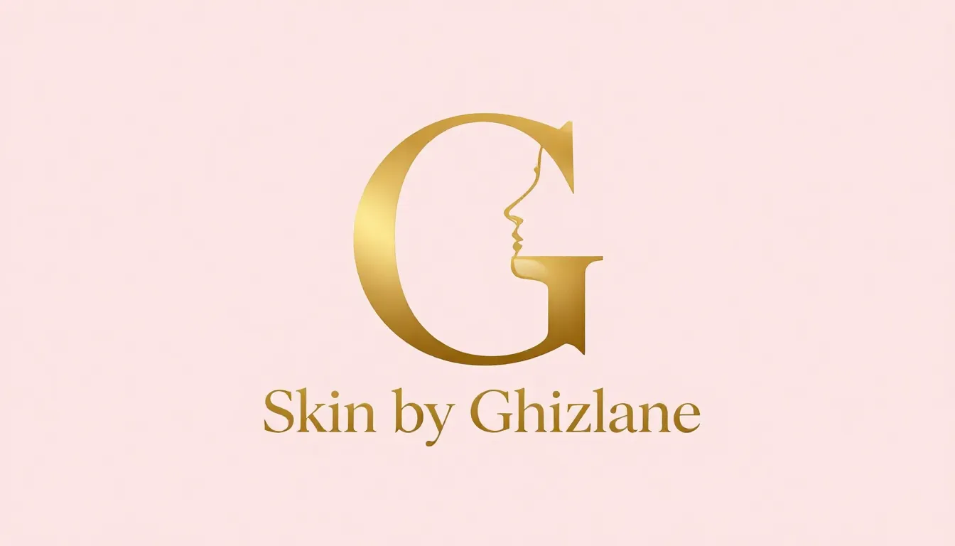 Minimalist logo 'Skin by Ghizlane', golden metallic font, ar...