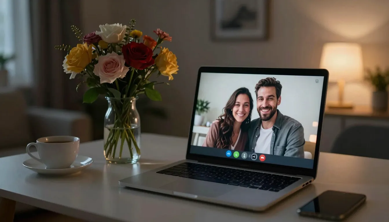 A cozy room with a laptop on a table showing a video call of...