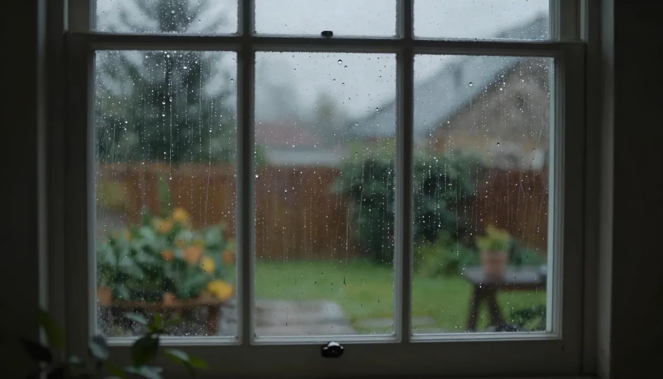 View from inside a cozy house through a window pane, melanch...