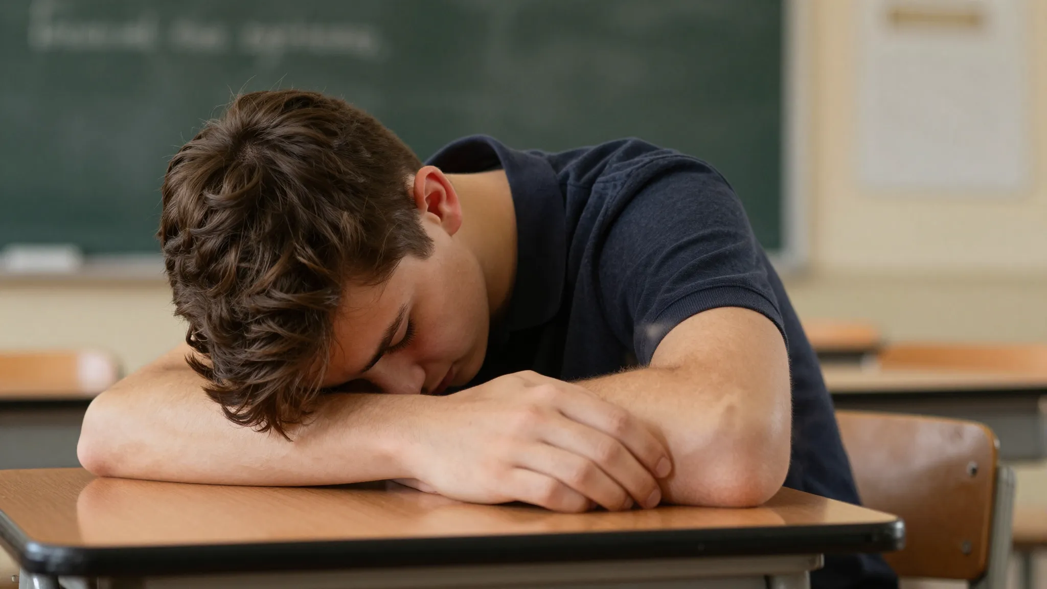 Close-up of a Caucasian teenager with his head down on a sch...