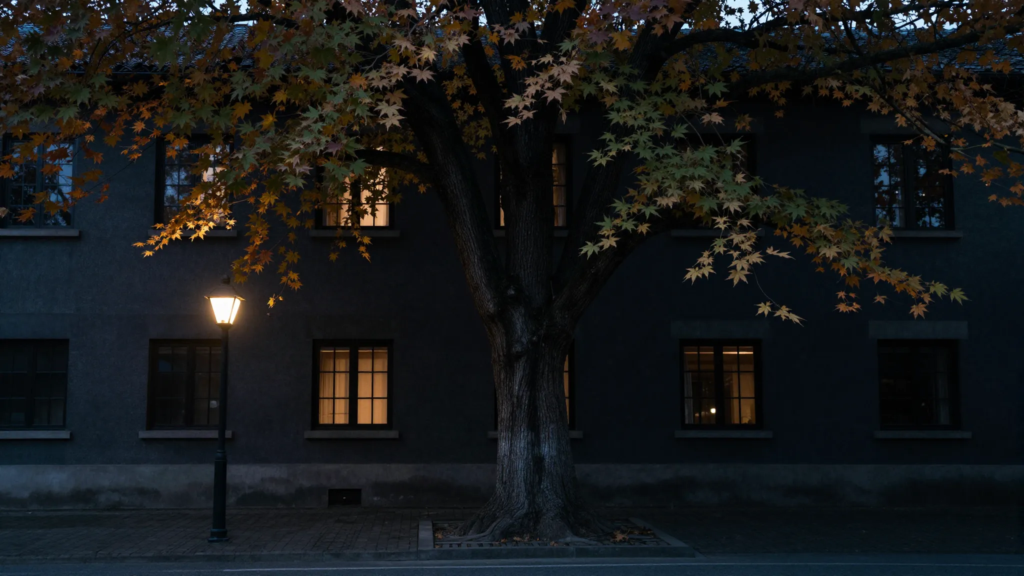 A melancholic evening scene in a courtyard. A large, ancient...