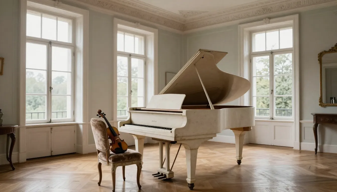 A serene scene in a historic mansion. A dusty white grand pi...