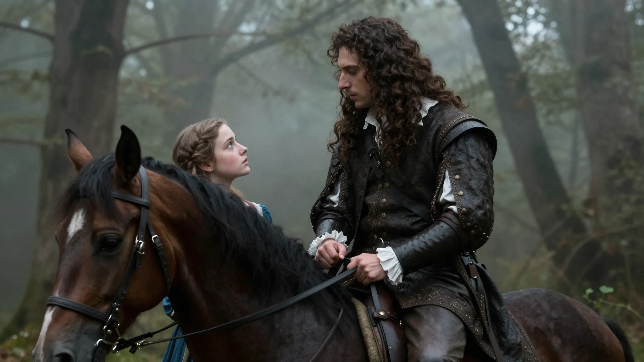 A 16th-century French nobleman on a horse looking down at a ...